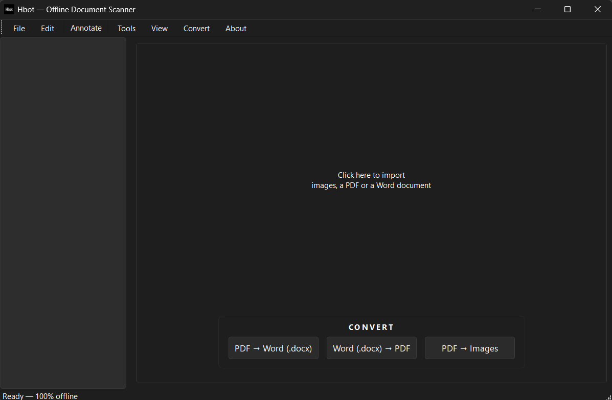 Hbot homepage with click-to-import hint and CONVERT panel
